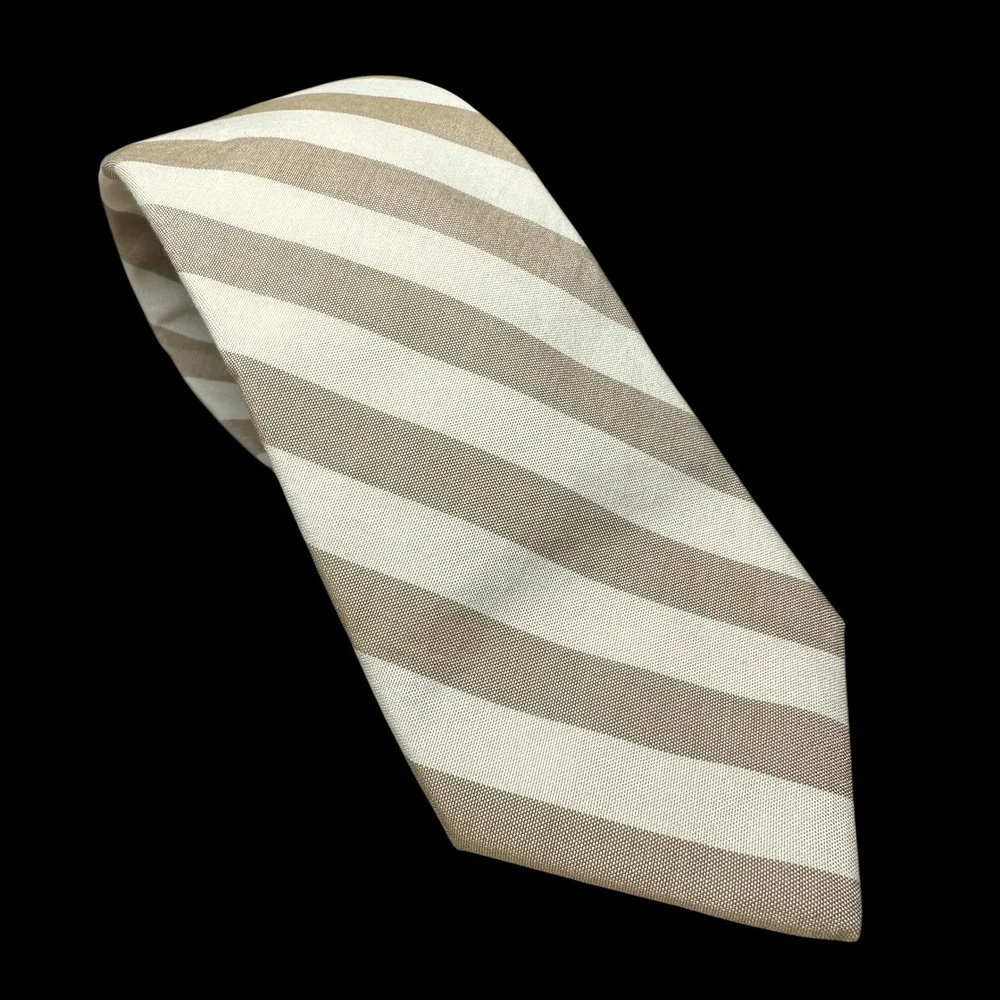 Albert Nipon Tan White Striped Cotton Necktie Hand Made Men's Tie